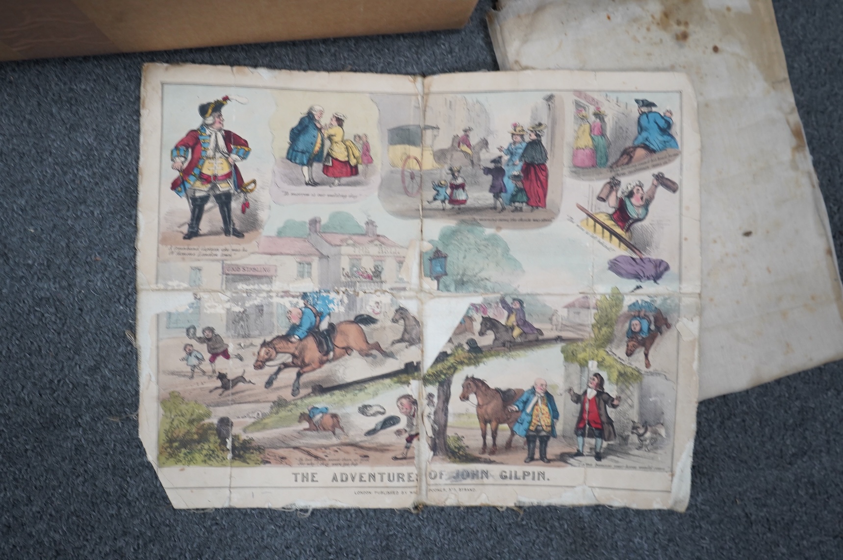 A collection of 19th century toys including; an early Jaques Ping Pong or Gossima set in an illustrated wooden case, a Crandall’s John Gilpin wooden horse with folded linen backed poster, ‘The Adventures of John Gilpin’